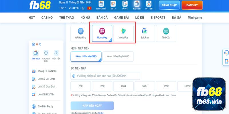 Nạp tiền bằng ví điện tử Momo và ViettelPay