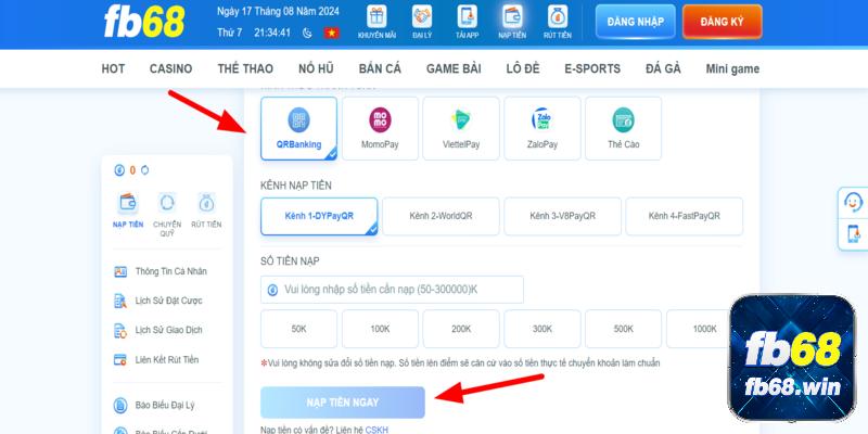 Nạp tiền Fb68 với phương thức chuyển khoản ngân hàng